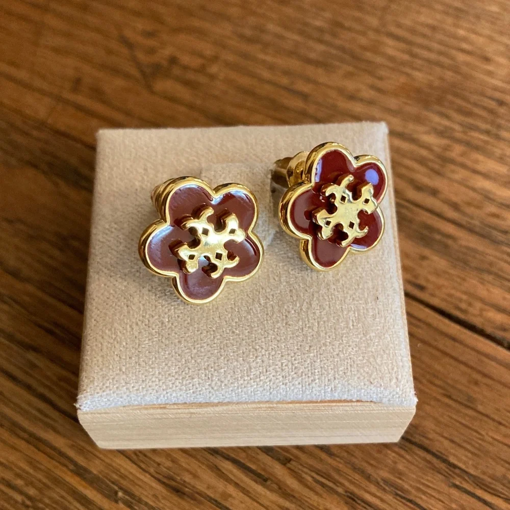 Tory Burch Logo Enamel/Gold Tone Stud Earrings NWOT